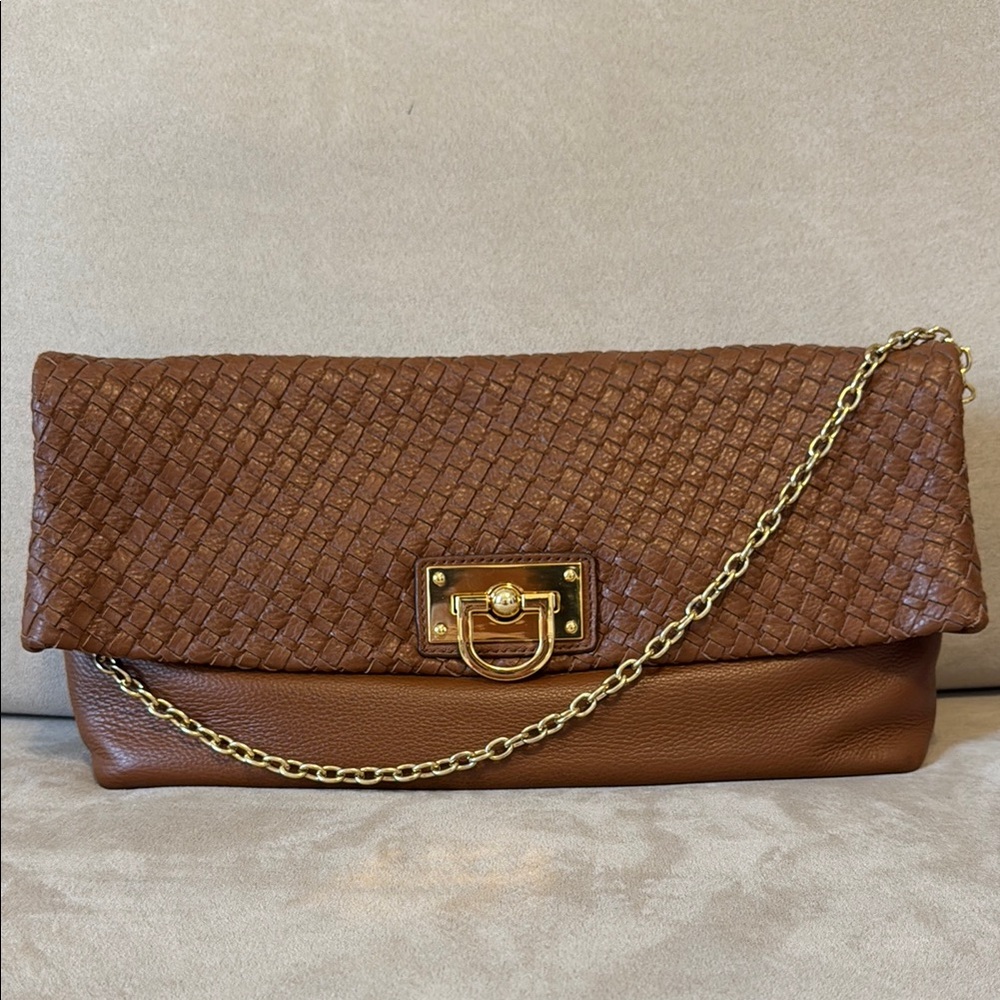 Brown Woven Leather Clutch with Gold Chain